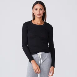 MONROW Textured Tri-Blend Fitted Long Sleeve Crew BLACK Flash Sale