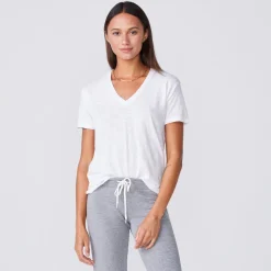 MONROW Textured Tri-blend Relaxed V Neck Tee - Color WHITE Sale