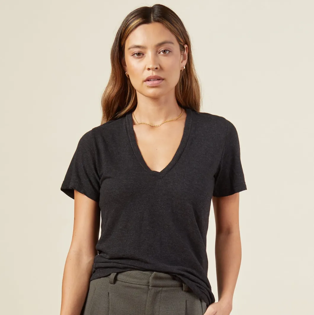 MONROW Texured Tri Blended Fitted V Neck Tee - BLACK Hot
