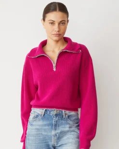 MONROW Wool Cashmere Half Zip Sweater FUCHSIA New