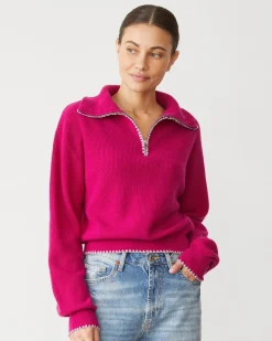 MONROW Wool Cashmere Half Zip Sweater FUCHSIA New
