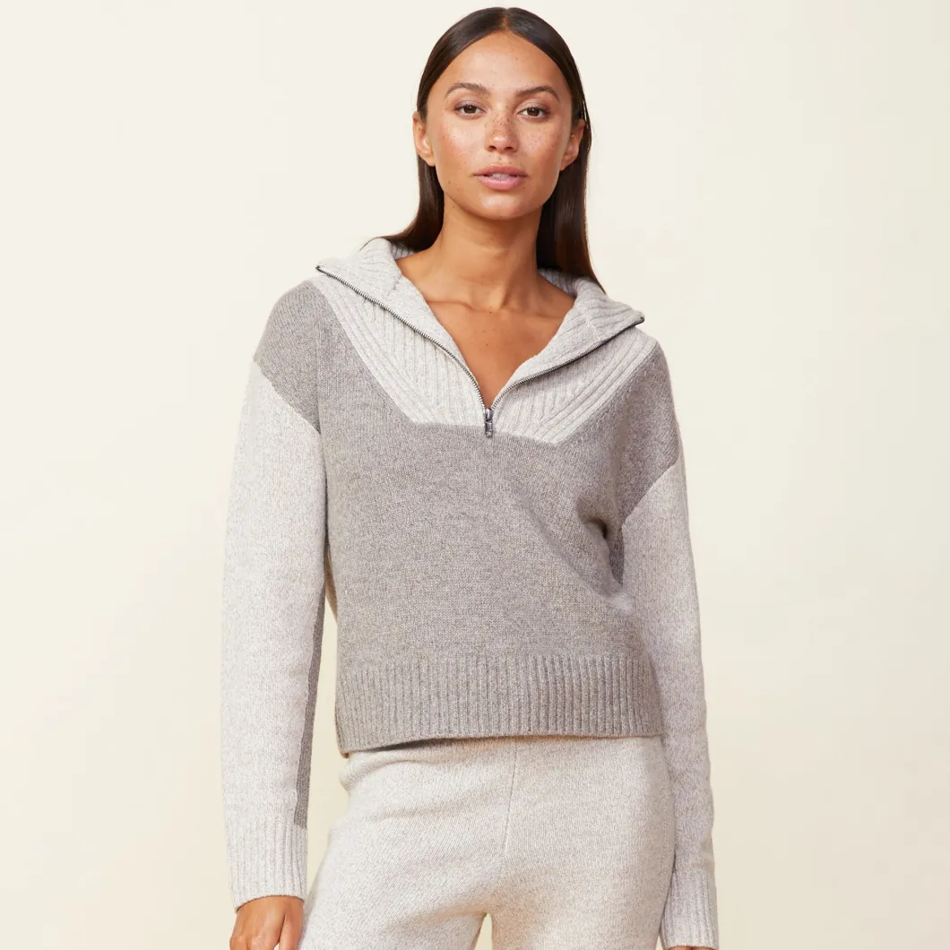 MONROW Wool Cashmere Marled Colorblock Half Zip Sweater GRANOLA/OATMEAL Shop