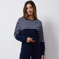 MONROW Wool Cashmere Stripe Crew Neck Sweater NAVY/IVORY Online