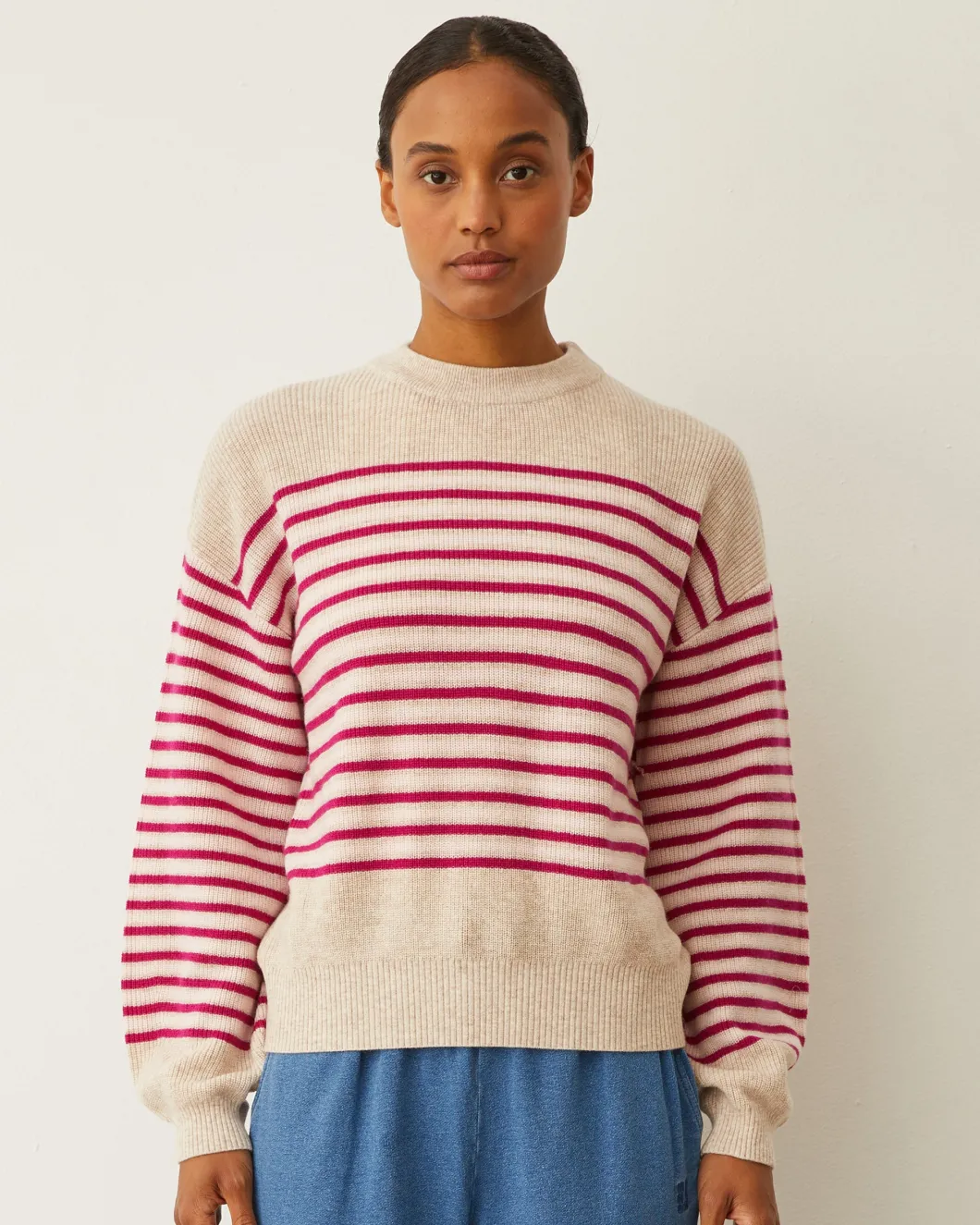 MONROW Wool Cashmere Stripe Sweater OATMEAL/FUCHSIASTRIPE Online