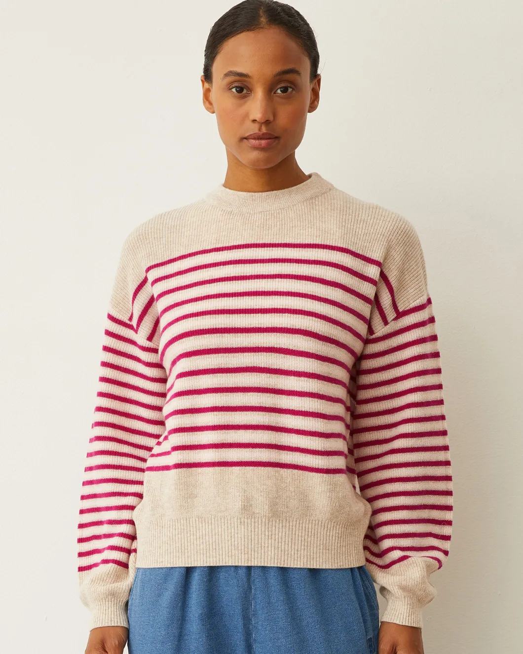 MONROW Wool Cashmere Stripe Sweater OATMEAL/FUCHSIASTRIPE Online